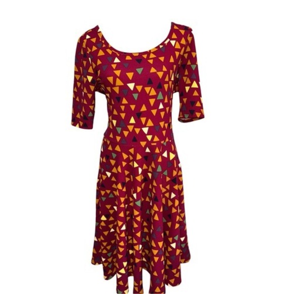 LuLaRoe Nicole Dress 2XL Maroon Geometric Fit Flare Stretch Casual Skater - Picture 3 of 9